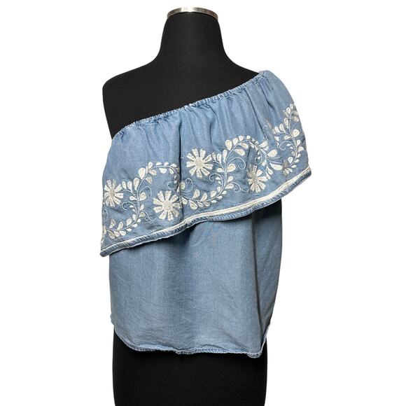 Rebecca Minkoff Rita Denim Chambray One Shoulder Embroidered Blouse Top Blue S - Picture 1 of 12